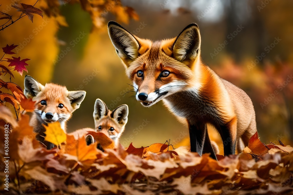 Naklejka premium A curious young fox cub is playfully pouncing on a bed of colorful autumn leaves. AI Generative