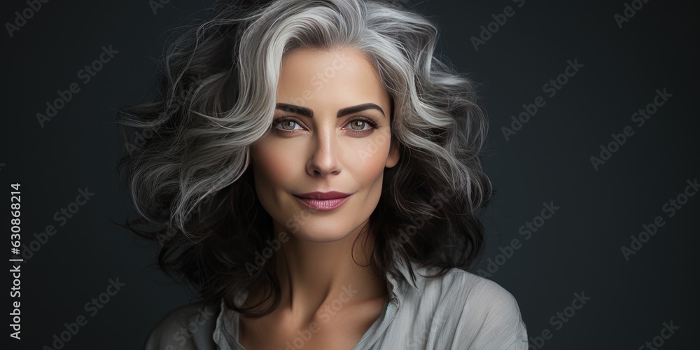 Gray-haired beautiful woman close-up. Photo for advertising. Generative AI Gray-haired beautiful woman close-up. Photo for advertising. Generative AI
