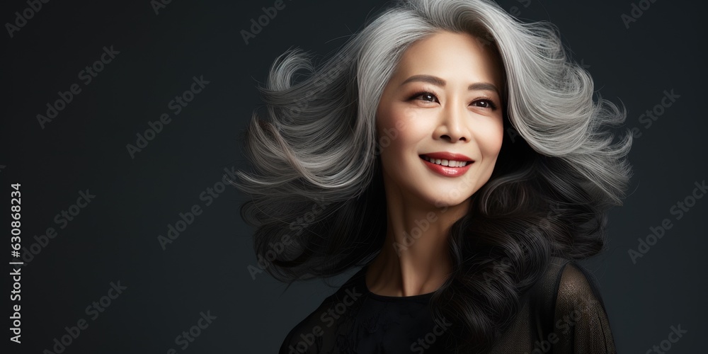 Gray-haired Asian woman on a dark background close-up. Generative AI Gray-haired Asian woman on a dark background close-up. Generative AI