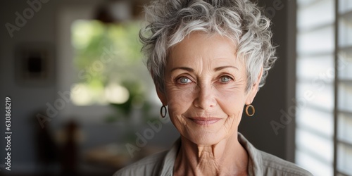 Gray-haired short-haired woman close-up, portrait. Banner. Generative AI