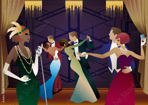 Singer and couple of people dancing in vintage costumes. Retro party in the style of the 1920-1930s. Vector illustration.