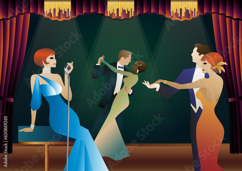 Singer and couple of people dancing in vintage costumes. Retro party in the style of the 1920-1930s. Vector illustration.