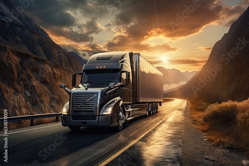 Truck driving on a countryside over sunset