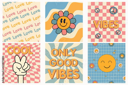 Retro groovy set card 60s-70s style. Daisy flowers, smile face, checkerboard pattern. Peace signs, freedom. Stay positive. Good vibes only. Hippie aesthetic background.