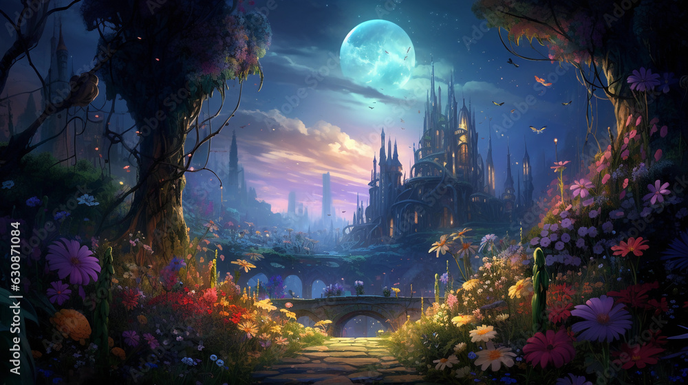 A vibrant, whimsical digital painting of a magical garden filled with healing herbs, an ethereal glow illuminating the scene under the moonlight, a fairy - like representation of natural remedies