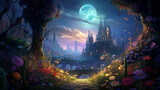 A vibrant, whimsical digital painting of a magical garden filled with healing herbs, an ethereal glow illuminating the scene under the moonlight, a fairy - like representation of natural remedies
