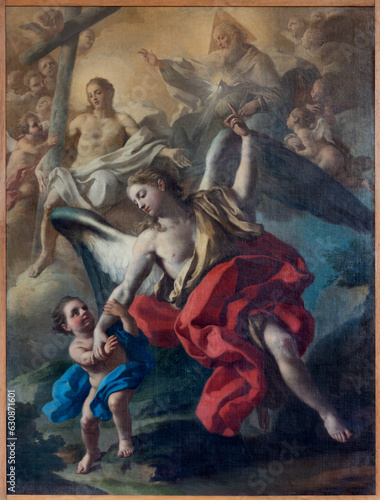 NAPLES, ITALY - APRIL 19, 2023: The painting of Guardian Angel in the church Chiesa di San Lorenzo Maggiore by Francesco De Mura (1696 – 1782). 