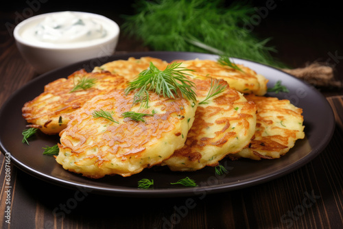 Potato pancakes draniki with herbs and sour cream