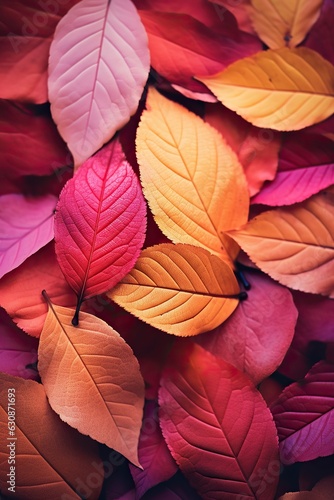 As the leaves of autumn fall, a vibrant tapestry of magenta, pink, and red blanket the earth in a stunning display of plant life, autumn leaf pattern