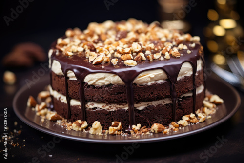 Round chocolate layer cake with nuts . Pieces of chocolate and nut crumbs on the cake