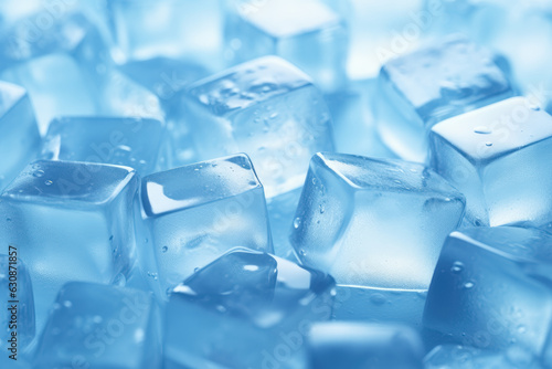 Close up of transparent ice cubes for drinks and cooling wet with water drops on blue background top view.  photo