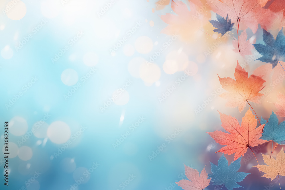 Falling autumn multicolored maple foliage on blue defocused background. Natural backgdrop with bokeh and copy space. Generative AI Falling autumn multicolored maple foliage on blue defocused background. Natural backgdrop with bokeh and copy space. Generative AI