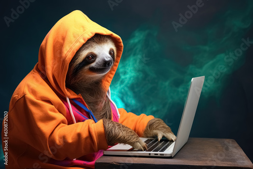 Portrait of fun happy sloth office worker in hipster clothes working at the table on laptop on green background. 