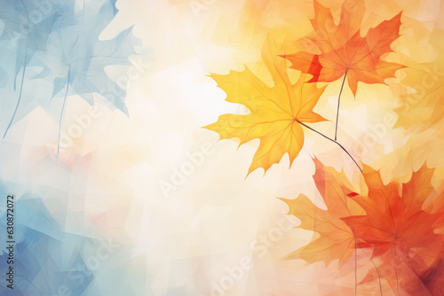 Watercolor drawing falling autumn multicolored maple foliage on light defocused background. Natural backgdrop with copy space. 