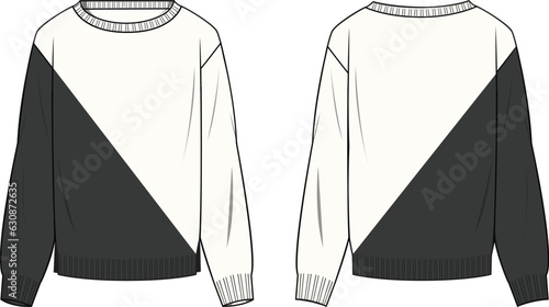 Women's Colour-block Jumper. Technical fashion illustration. Front and back, white-black colour. Women's CAD mock-up.