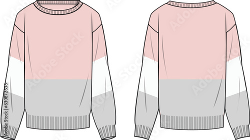 Women's Colour-Block Jumper. Technical fashion illustration. Front and back, colored. Women's CAD mock-up.
