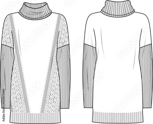 Women's Roll Neck, Cable Tunic. Technical fashion illustration. Front and back, white colour. Women's CAD mock-up.