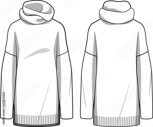 Women's Cowl Neck Knit Tunic. Technical fashion illustration. Front and back, white colour. Women's CAD mock-up.