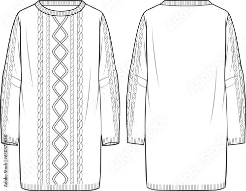Women's Crew Neck Cable Tunic. Technical fashion illustration. Front and back, white colour. Women's CAD mock-up.