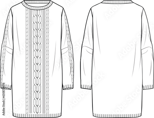 Women's Crew Neck Cable Tunic. Technical fashion illustration. Front and back, white colour. Women's CAD mock-up.