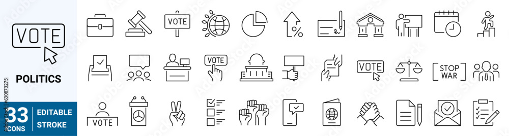 Set of 33 Politics and diplomacy. Voting Related Vector Line Icons. Raising Hands, Electronic voting and more. Editable Stroke Set of 33 Politics and diplomacy. Voting Related Vector Line Icons. Raising Hands, Electronic voting and more. Editable Stroke