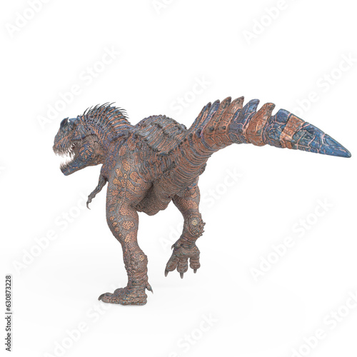 dinosaur monster is walking way on white background rear view