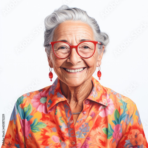 Portrait of a happy senior woman smiling at white backgroud. Generative AI. 