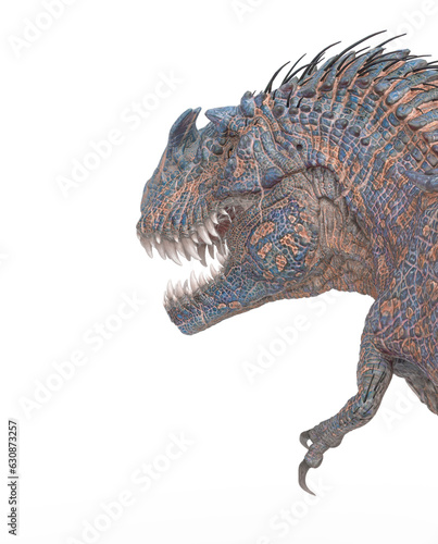 dinosaur monster is walking way on white background rear close up view © DM7
