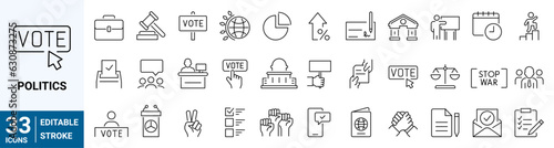 Set of 33 Politics and diplomacy. Voting Related Vector Line Icons. Raising Hands, Electronic voting and more. Editable Stroke photo