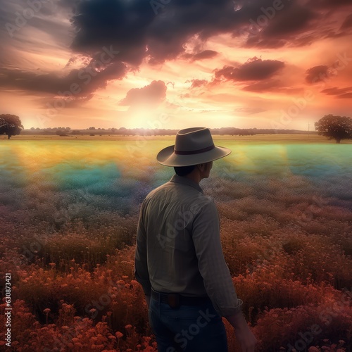 Toward a Digital Harvest: A Visionary Cowboy Hat-Clad Farmer Embraces Smart Farming's Evolution, Pioneering the Future of Agriculture in a Sunset Panorama Farm Scene
