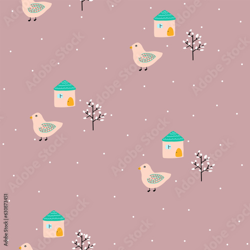 Bird,house and tree seamless pattern,drawn garden print on pastel background.Botanical illustration for home decor, interior design, wallpaper, kids fashion, cover design,packaging paper