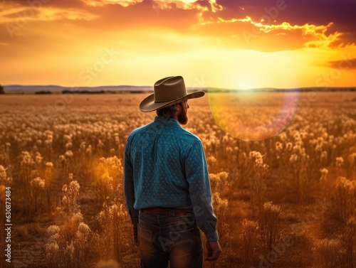 Agrarian Renaissance: A Futuristic Cowboy Hat-Wearing Farmer Embracing the Power of Smart Farming, Reshaping the Landscape of Agribusiness at Sunset
