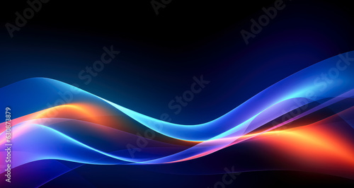 Neon abstract colored light lines moving along a dark background, light sky-blue and orange smooth and curved lines, technological fusion, vibrant colors.