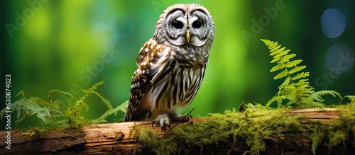 Reproduction of an image capturing a Barred Owl (Strix Varia), also known as Rain Owl, Wood Owl, or Striped Owl. The portrait showcases the owl against a verdant green backdrop, providing ample room © HN Works
