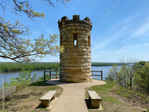 Canvas Print The Julien Dubuque Monument atop a limestone bluff over Mississippi River at the Mines of Spain in Dubuque, Iowa