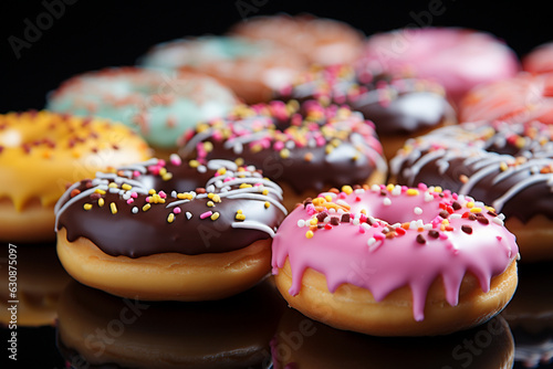 Flat lay layout of many colorful donuts: yellow glazed donuts, pink donuts, chocolate donuts. © Карина Терехова
