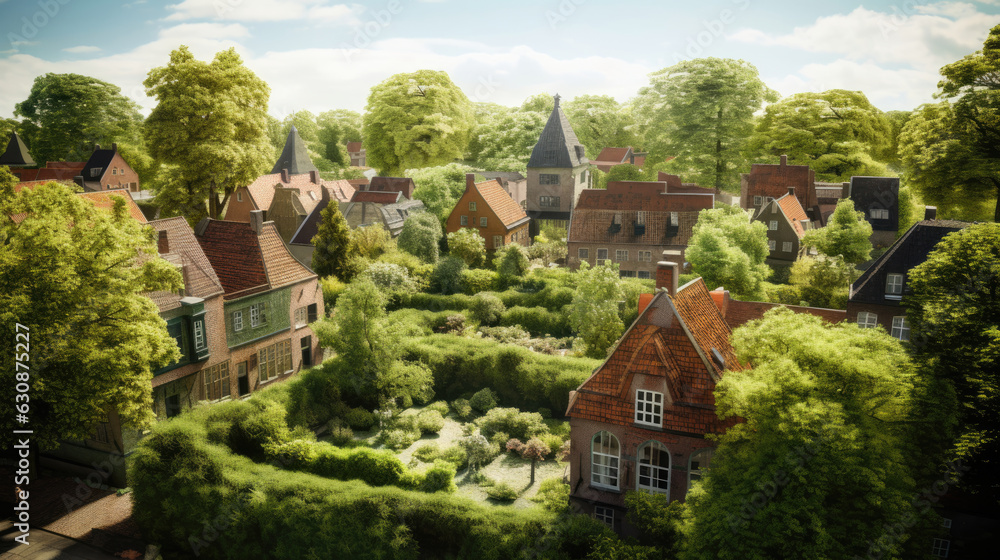 german village with many trees and green places and a church in the middle