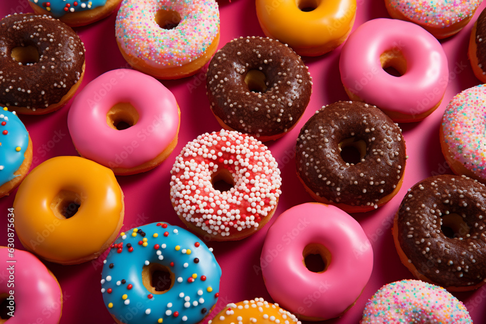 Flat lay layout of many colorful donuts: yellow glazed donuts, pink donuts, chocolate donuts. Flat lay layout of many colorful donuts: yellow glazed donuts, pink donuts, chocolate donuts.