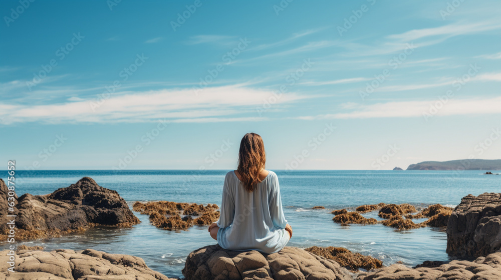A serene beach scene with a person practicing mindfulness, promoting mental well-being A serene beach scene with a person practicing mindfulness, promoting mental well-being