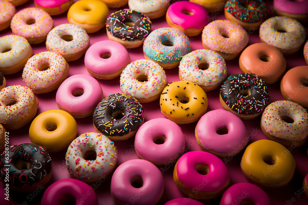 Flat lay layout of many colorful donuts: yellow glazed donuts, pink donuts, chocolate donuts. Flat lay layout of many colorful donuts: yellow glazed donuts, pink donuts, chocolate donuts.