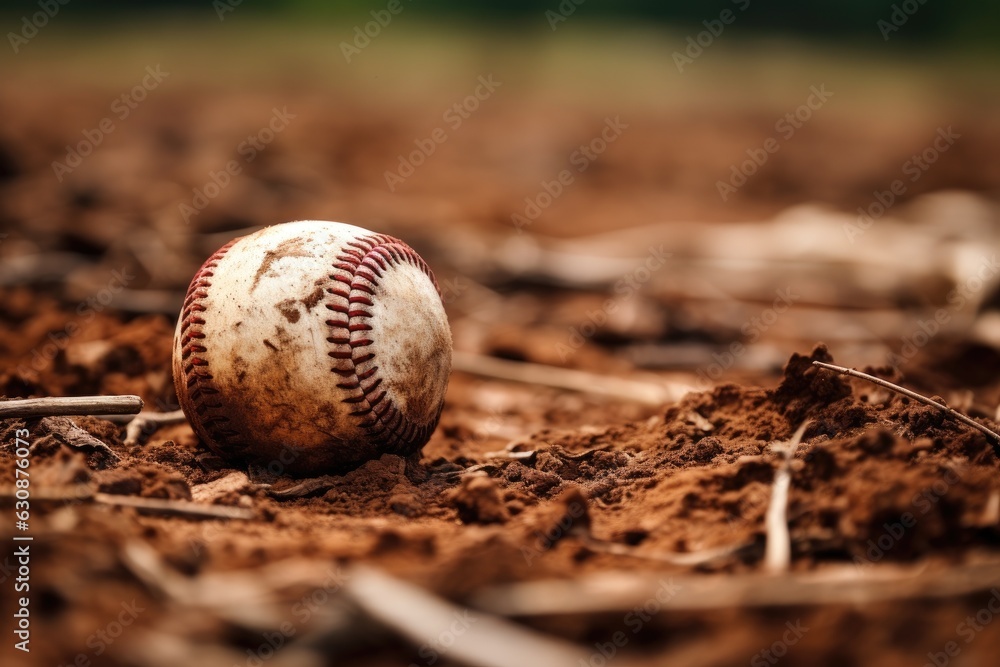 An aged leather baseball resting on the ground near the home plate or one of the bases on a dirt field.