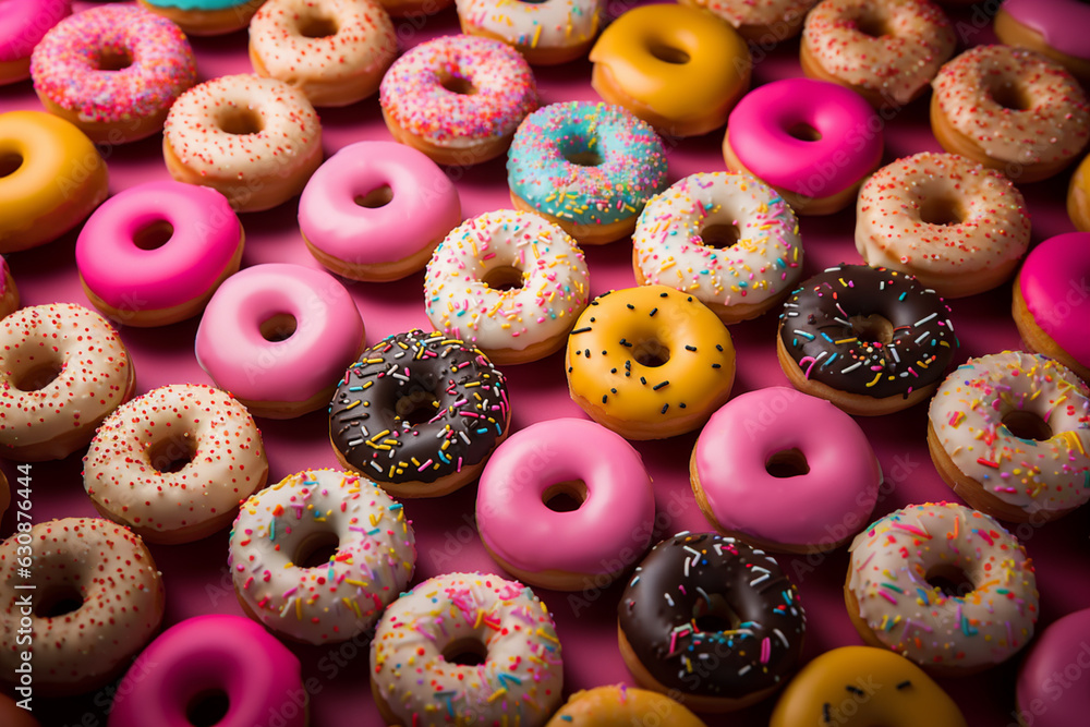 Flat lay layout of many colorful donuts: yellow glazed donuts, pink donuts, chocolate donuts. Flat lay layout of many colorful donuts: yellow glazed donuts, pink donuts, chocolate donuts.