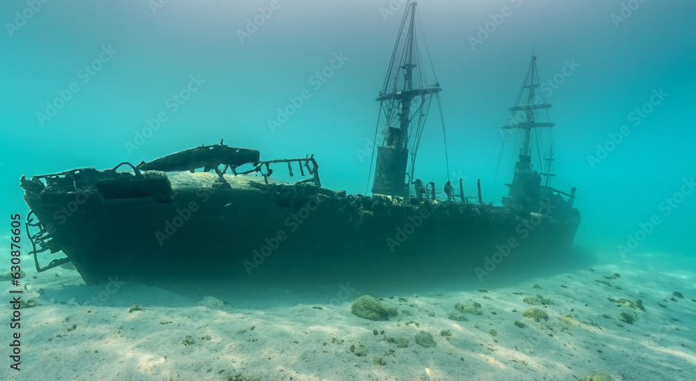 sunken old ship under the sea with good lighting in high resolution with clear water sunken old ship under the sea with good lighting in high resolution with clear water