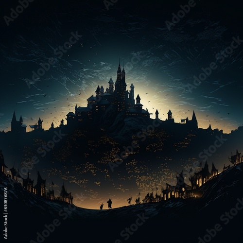 Dunkler Hintergrund mit digitalen Silhouetten mittelalterlicher Burgen und kriegführender Stämme
