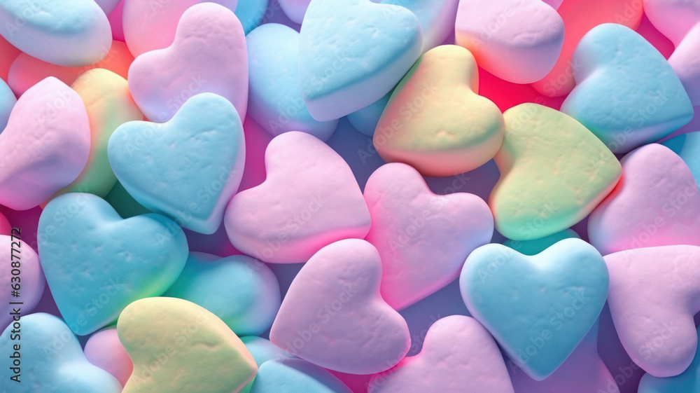 Fototapeta premium Colorful Pastel Heart-Shaped Marshmallows Background