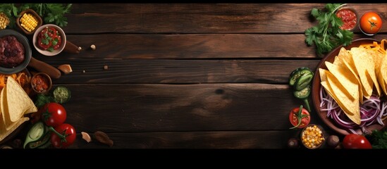 A dark wood background with a Mexican food side border, featuring tacos, burritos, quesadillas, and nachos. copy space available.