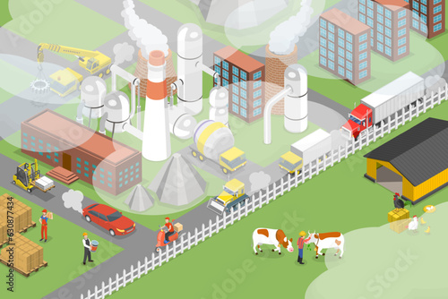 3D Isometric Flat Vector Conceptual Illustration of Polluted Air, Greenhouse Gases Emission