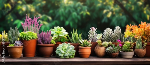 A selection of different types of succulents and indoor plants arranged on a wooden table. Symbolizing the idea of home plants and the nurturing of indoor succulents. Space left for additional objects