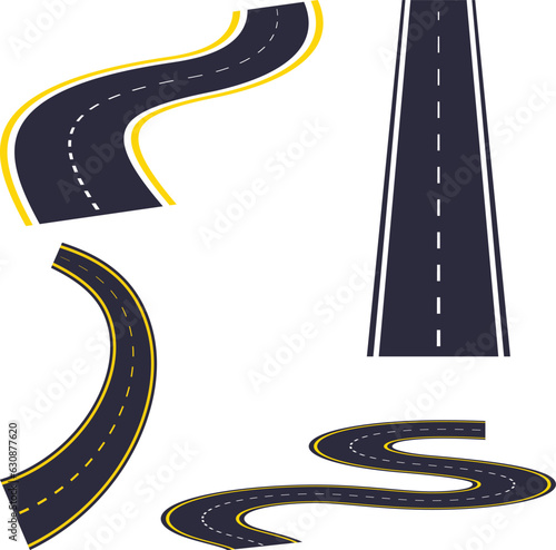 Curvy Bend and Straight Tarmac Road Symbol Illustrations.
