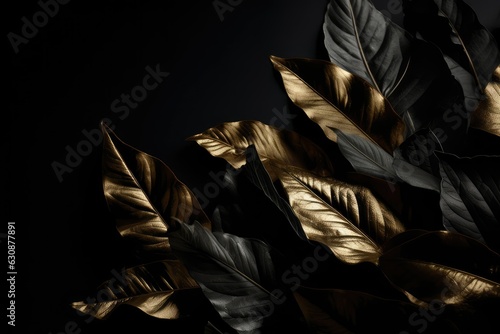 Gold and black leaves on black background, generative AI